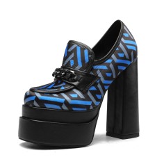 Chunky Heels Round Toe Platforms Loafers Pumps - Blue