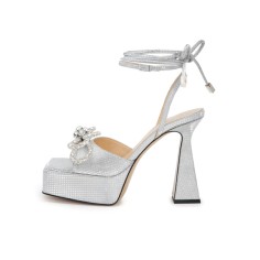 Chunky Heels Peep Square Toe Ankle Straps Platform Rhinestones Party Pumps - Silver