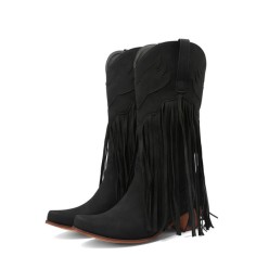 Pointed Toe Love Wings Tassel Decorated Western Chunky Heels Knee Highs Boots - Black