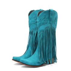 Pointed Toe Love Wings Tassel Decorated Western Chunky Heels Knee Highs Boots - Blue