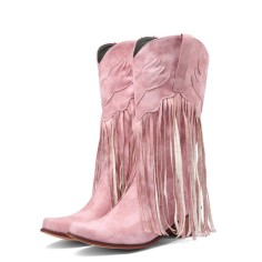 Pointed Toe Love Wings Tassel Decorated Western Chunky Heels Knee Highs Boots - Pink