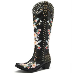 Pointed Toe Floral Embroidered Rivet with Stitches Decorated Western Chunky Heels Knee Highs Boots - Black
