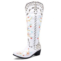 Pointed Toe Floral Embroidered Rivet with Stitches Decorated Western Chunky Heels Knee Highs Boots - White