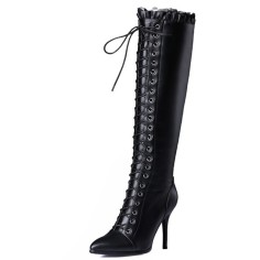 Pointed Toe Knee Highs Gothic Maid Leather Stiletto Lace Up Side Zipper Boots - Black