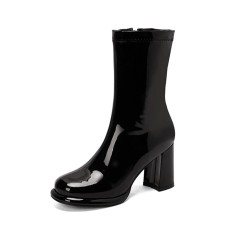 Round Toe Chunky Heels Side Zipper AnkleHighs Autumn Rain Boots - Black