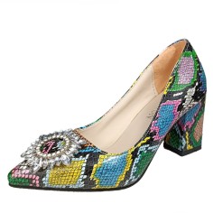 Peep Toe Platforms Snake Print Chunky Heels Crystal Rhinestones Pumps - Green