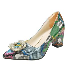 Peep Toe Platforms Snake Print Chunky Heels Pearl Beads Pumps - Green