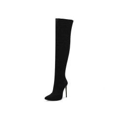 Pointed Toe Stiletto Heels Over the Knee Side Zipper Satin Boots  - Black