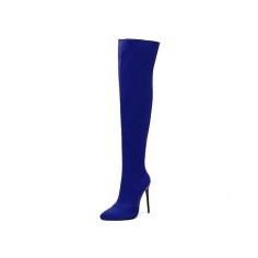 Pointed Toe Stiletto Heels Over the Knee Side Zipper Satin Boots  - Blue
