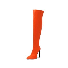 Pointed Toe Stiletto Heels Over the Knee Side Zipper Satin Boots  - Orange