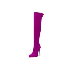 Pointed Toe Stiletto Heels Over the Knee Side Zipper Satin Boots  - Rosy Red