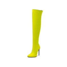 Pointed Toe Stiletto Heels Over the Knee Side Zipper Satin Boots  - Yellow