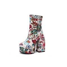 Round Toe Chunky Heels Buckle Straps Flowers Platforms Ankle Boots with Side Zipper - White