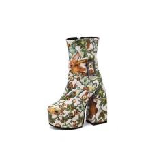 Round Toe Chunky Heels Buckle Straps Flowers Platforms Ankle Boots with Side Zipper - Yellow
