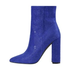 Pointed Toe Chunky Heels Rhinestones Zippers Ankle Highs Boots - Blue Synthetic