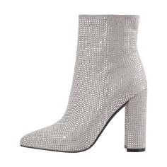 Pointed Toe Chunky Heels Rhinestones Zippers Ankle Highs Boots - Silver Synthetic