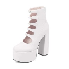 Round Toe Double Buckle Straps Back Zipper Chunky Heels Platforms Pumps - White Faux Leather