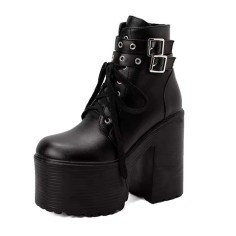Round Toe Lace Up Double Straps Chunky Heels Platforms Zipper Ankle Highs Boots - Black Faux Leather