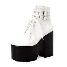 Round Toe Lace Up Double Straps Chunky Heels Platforms Zipper Ankle Highs Boots - White Faux Leather