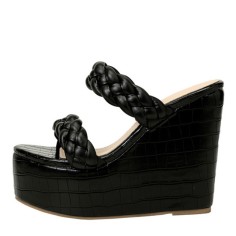 Peep Toe Platforms Crocodile Print Braid Strap Wedges Sandals Slippers - Black