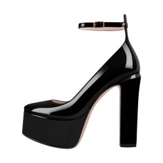 Round Toe Platforms Chunky Heels Ankle Buckle Straps Lolita Pumps - Black Patent