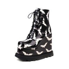 Round Toe Wedges Platforms Ankle Highs Lace Up Gothic Halloween Boots with Side Zipper - Black