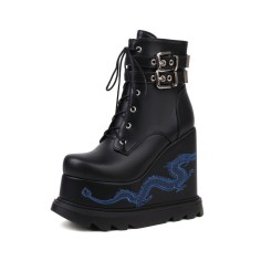 Round Toe Wedges Platforms Ankle Buckle Straps Lace Up Blue Dragon Gothic Punks Boots - Black