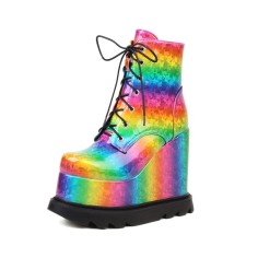 Round Toe Wedges Platforms Ankle Highs Lace Up Rainbow Boots with Side Zipper - Multicolor