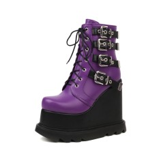 Round Toe Wedges Platforms Ankle Buckle Straps Lace Up Gothic Punks Boots - Purple