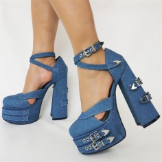 Round Toe Dorsay Gothic Punk Chunky Heels Platforms Ankle Buckle Straps Rivet Pumps - Blue