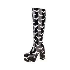 Round Toe Chunky Heels Platforms Knee Highs Gothic Halloween Boots with Side Zipper - Black