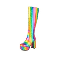 Round Toe Chunky Heels Platforms Knee Highs Gothic Rainbow Boots with Side Zipper - Multicolor