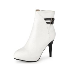 Round Toe Stiletto Heels Side Zipper Ankle Straps Boots - White