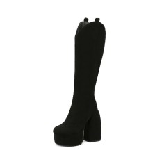 Round Toe Chunky Heels Side Zipper AnkleHigh Platforms Party Boots - Black