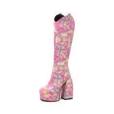Round Toe Chunky Heels Side Zipper AnkleHigh Platforms Party Boots - Pink