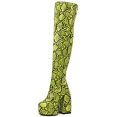 Round Toe Platforms Over The Knee Snake Print Chunky Heels Zipper Booties - Green