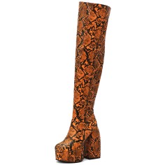 Round Toe Platforms Over The Knee Snake Print Chunky Heels Zipper Booties - Orange
