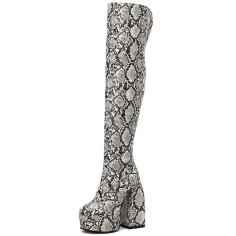 Round Toe Platforms Over The Knee Snake Print Chunky Heels Zipper Booties - White