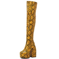 Round Toe Platforms Over The Knee Snake Print Chunky Heels Zipper Booties - Yellow
