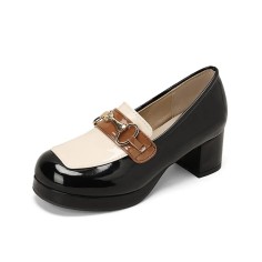 Round Toe Chunky Heels Golden Buckle Anime Colorful Lolita Loafers Pumps - Black