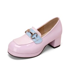 Round Toe Chunky Heels Golden Buckle Anime Colorful Lolita Loafers Pumps - Pink
