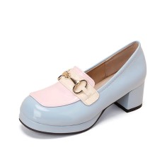 Round Toe Chunky Heels Golden Buckle Anime Colorful Lolita Loafers Pumps - SkyBlue