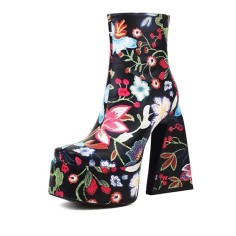 Square Toe Flower Pattern High Cutout Chunky Heels Platforms Side Zip Ankle Highs Boots - Black Faux Leather