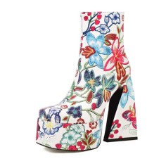 Square Toe Flower Pattern High Cutout Chunky Heels Platforms Side Zip Ankle Highs Boots - White Faux Leather