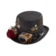 Steampunk Bowler Chain Rose Decorated Halloween Gothic Carnivale Googles Hats - Black