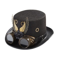 Steampunk Bowler Dark Rose Wigs Decorated Halloween Gothic Carnivale Googles Hats - Black
