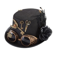 Steampunk Bowler Deer Chain Decorated Halloween Gothic Carnivale Googles Hats - Black