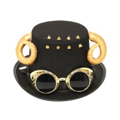 Steampunk Bowler Golden Horn Decorated Halloween Gothic Carnivale Googles Hats - Black