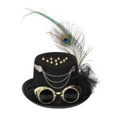 Steampunk Bowler Feather Decorated Halloween Gothic Carnivale Googles Hats - Black