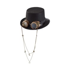 Steampunk Bowler Chain Decorated Halloween Gothic Carnivale Googles Hats - Black